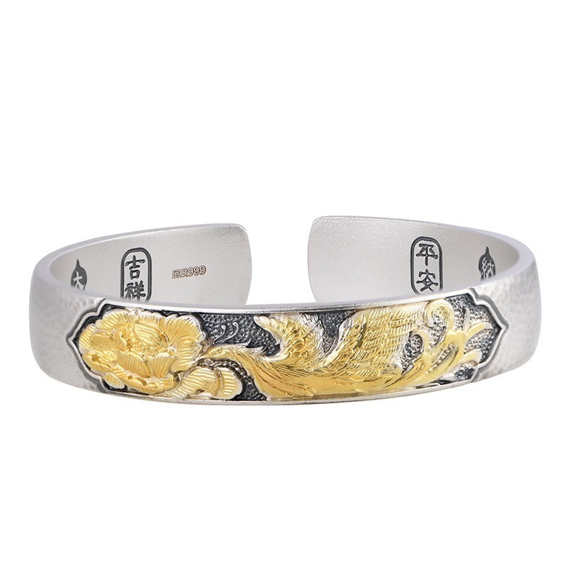Gilded Phoenix Peony Wide Cuff Bangle Chinese Blessing 999 Solid FineSilver Gold