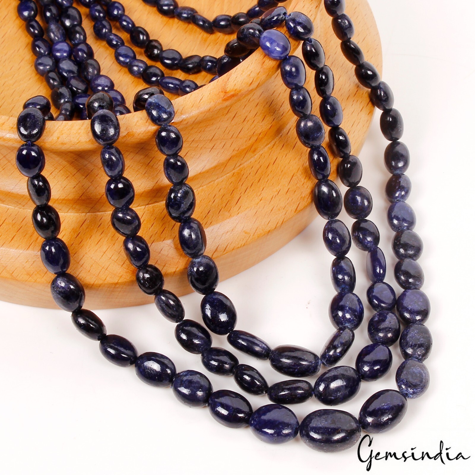 Natural Dark Blue Sapphire Oval Beaded 3 Strand Adjustable Necklace Jewelry 22″