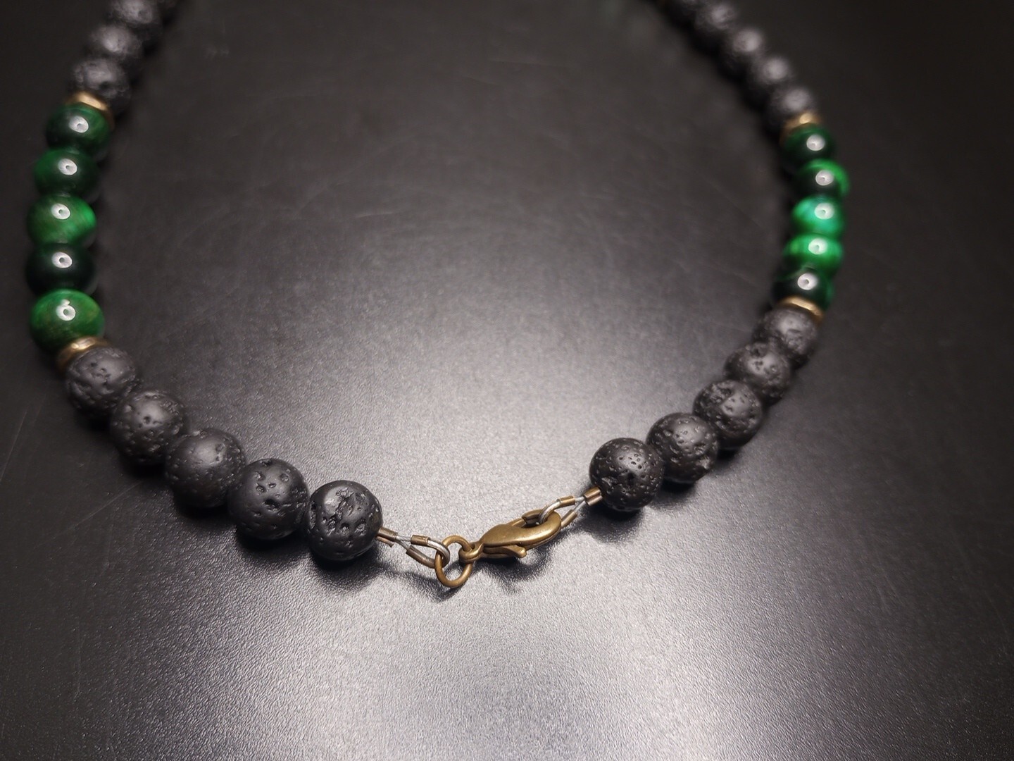 Black Lava Rock and Green Tiger’s Eye Necklace 16″
