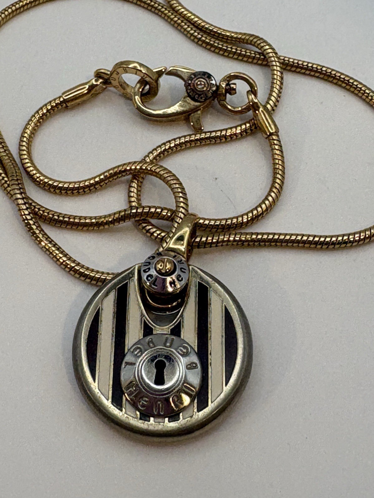 Henri Bendel Lock Pendant Necklace Brown White Stripe Gold Tone Snake Chain