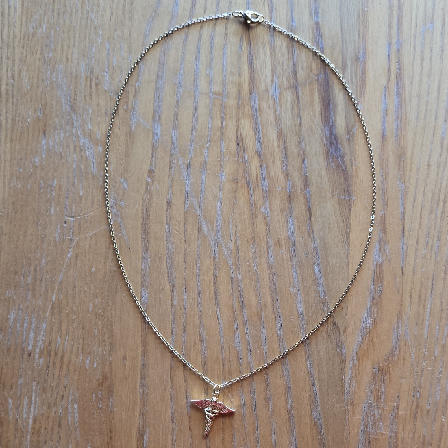 Gold Tone Medical Caduceus Charm Pendant Cable Chain Necklace Spring Ring
