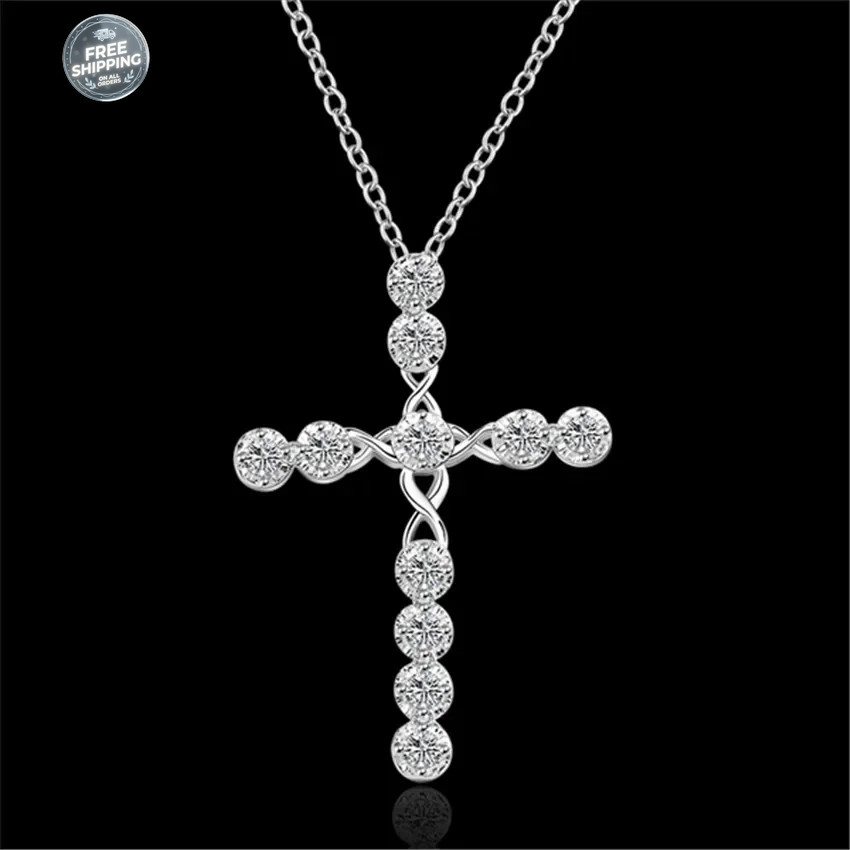 Womens 925 Sterling Solid Silver charm Cross Pendant Necklace 18” Link Chain