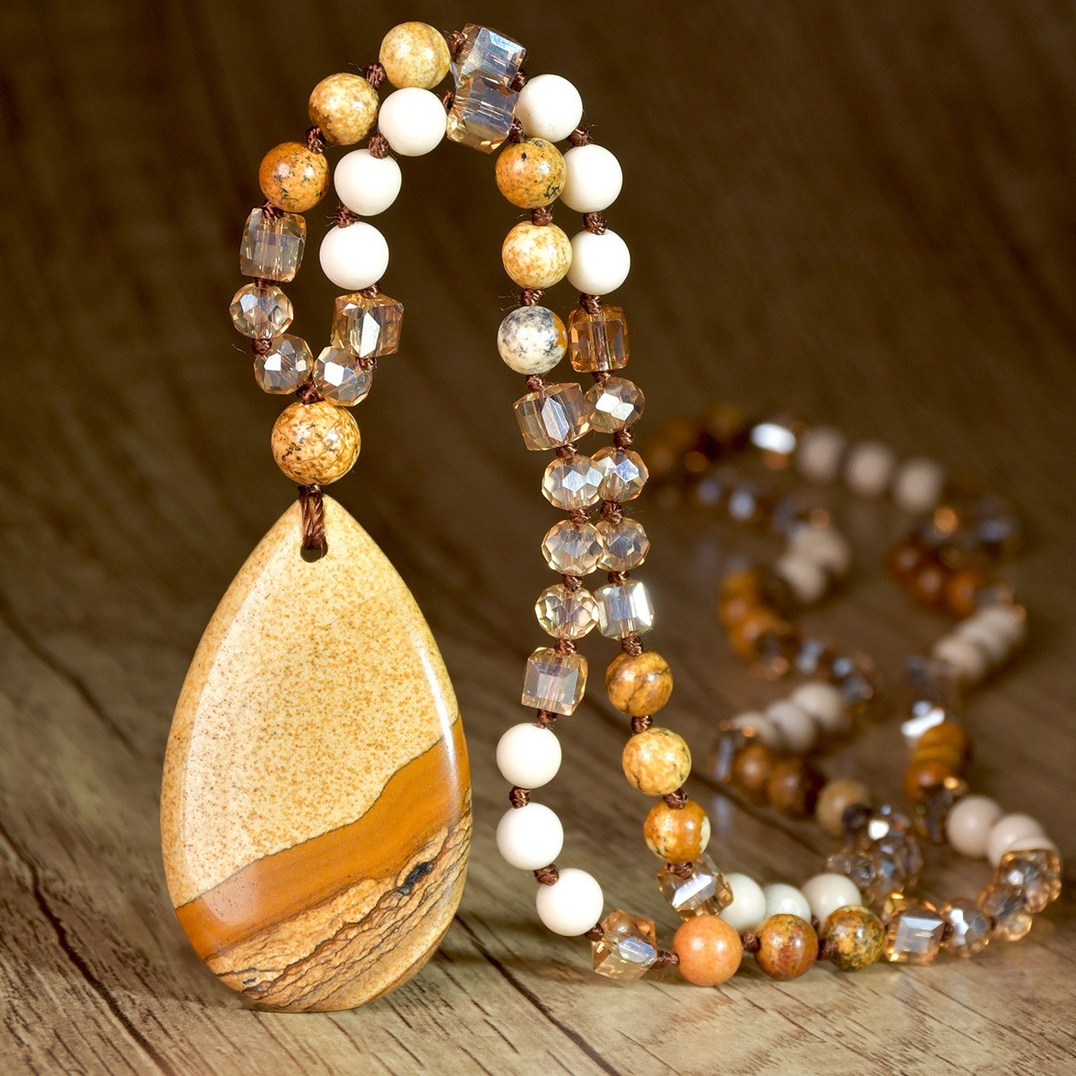 New Vintage Natural Stone Pendant Necklace For Women Knot Necklace Sweater Chain