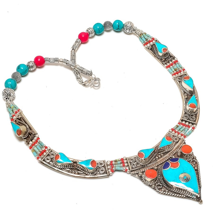 Tibetan Turquoise Coral Lapis Lazuli Handmade Nepali Jewelry Necklace 18″ SR29