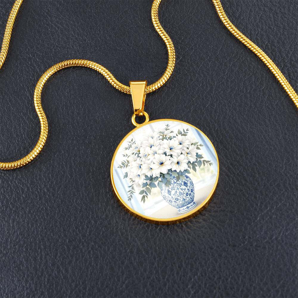 Engraved Floral Pendant Necklace Delft Blue Vase