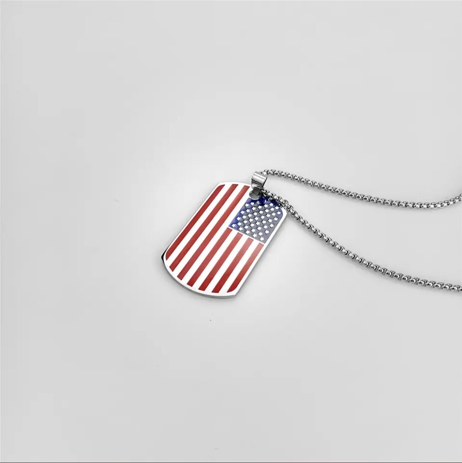 American Flag Dog Tag Necklace – Stainless Steel – USA Veteran, Gift