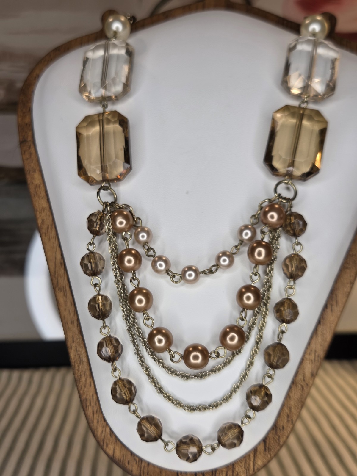 Signed Gold Tone Layered Beaded Necklace, Brown Crystal & Faux Pearl, NY & Co