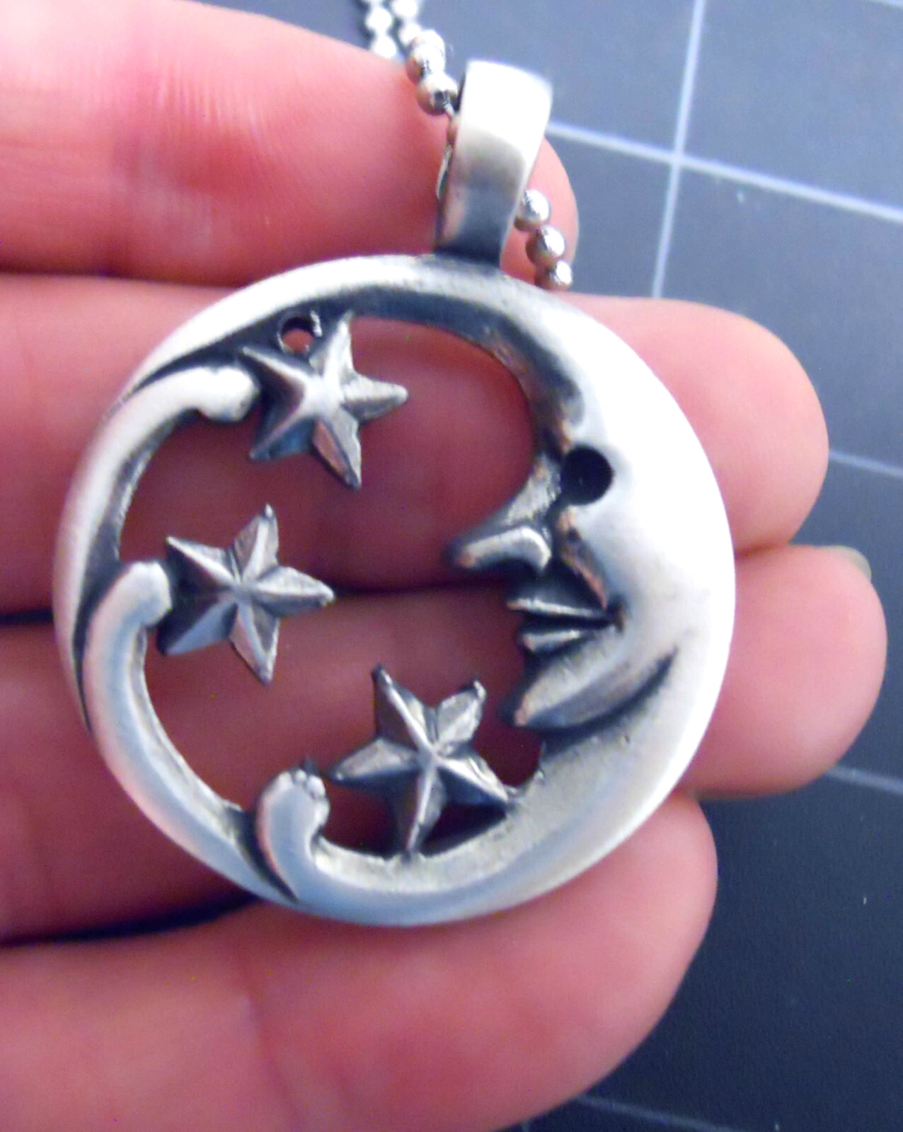 Necklace MOON & STARS Pendant Stainless Steel Ball Chain New Old Stock Rare