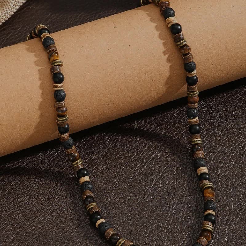 Mens Boho Necklace Tiger Eye Lava Stone Wood Beads Surfer Handmade Choker New