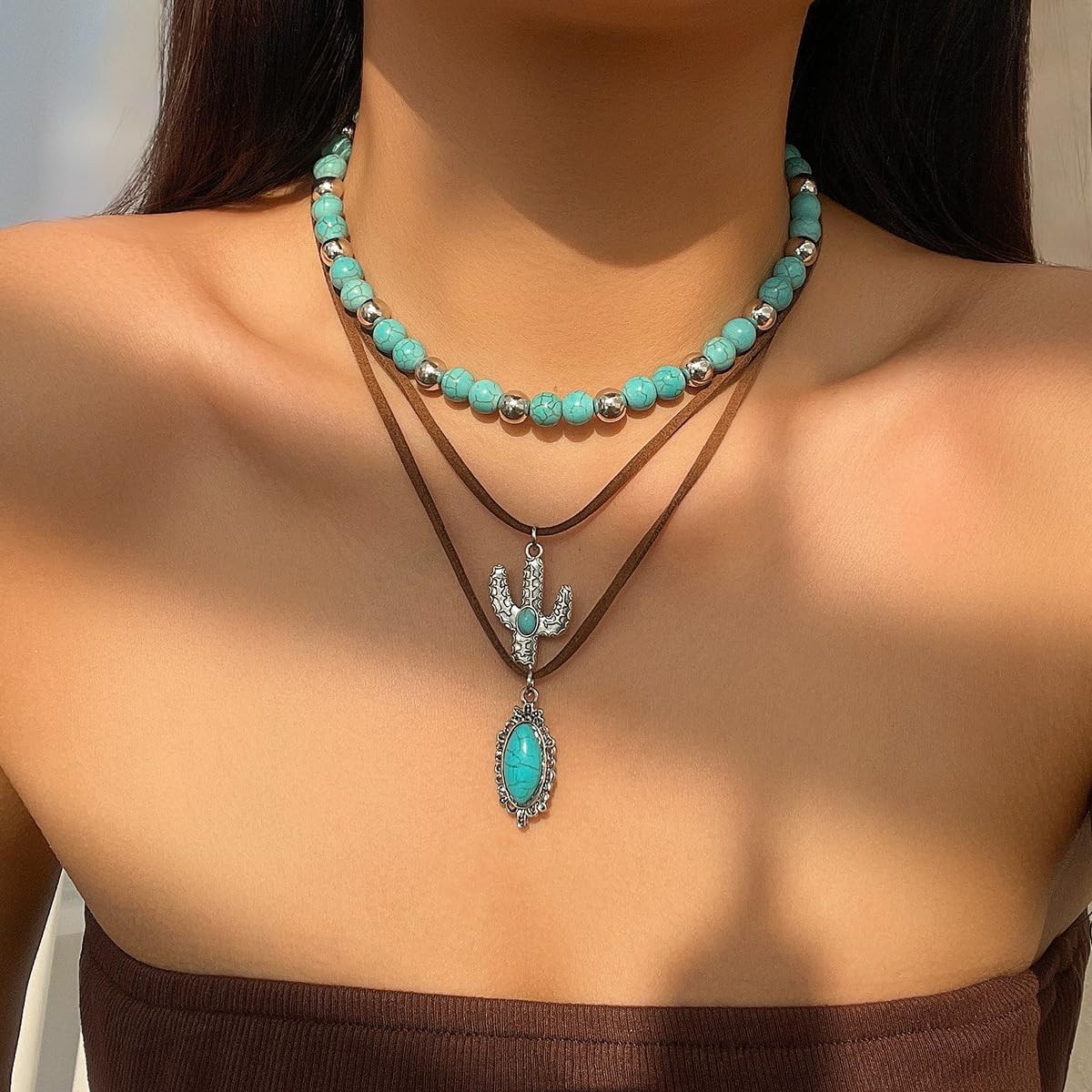 CSIYANJRY99 Layered Western Necklaces for Women Medium, Turquoise/Silver