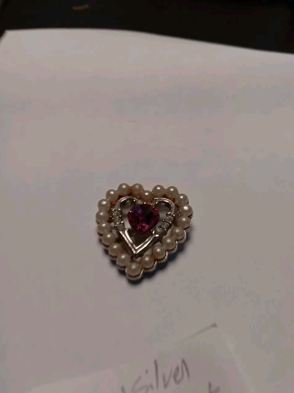 Avon Silver Tone Marked Heart Shaped Pink,colorless Stoned Faux Pearl Pendant