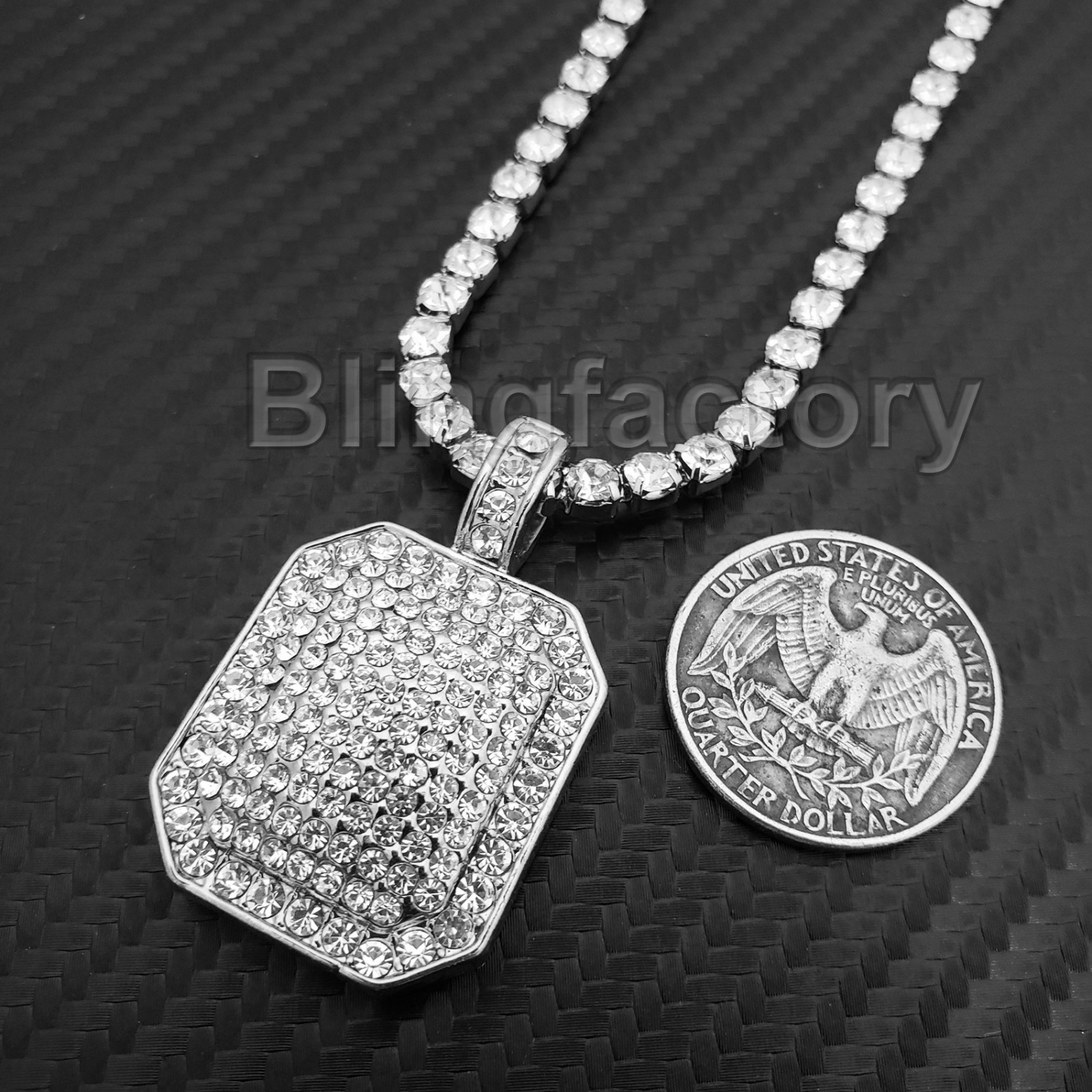 Hip Hop Iced Cubic Zirconia Square Pendant & 1 Row Diamond Tennis Chain Necklace