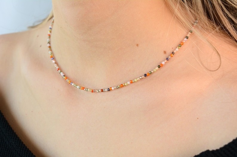 Multi Tourmaline Faceted Round Gemstone Gold Filled Beads Choker Necklace 18”