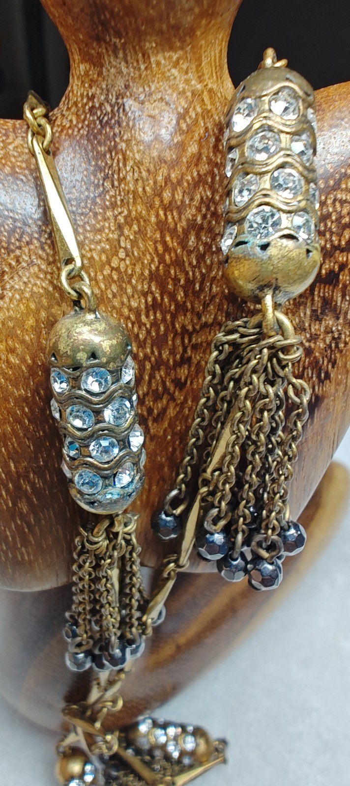 J Crew Brass Crystal Lariat Necklace Black Beads Round Rhinestone Tassel Pendant