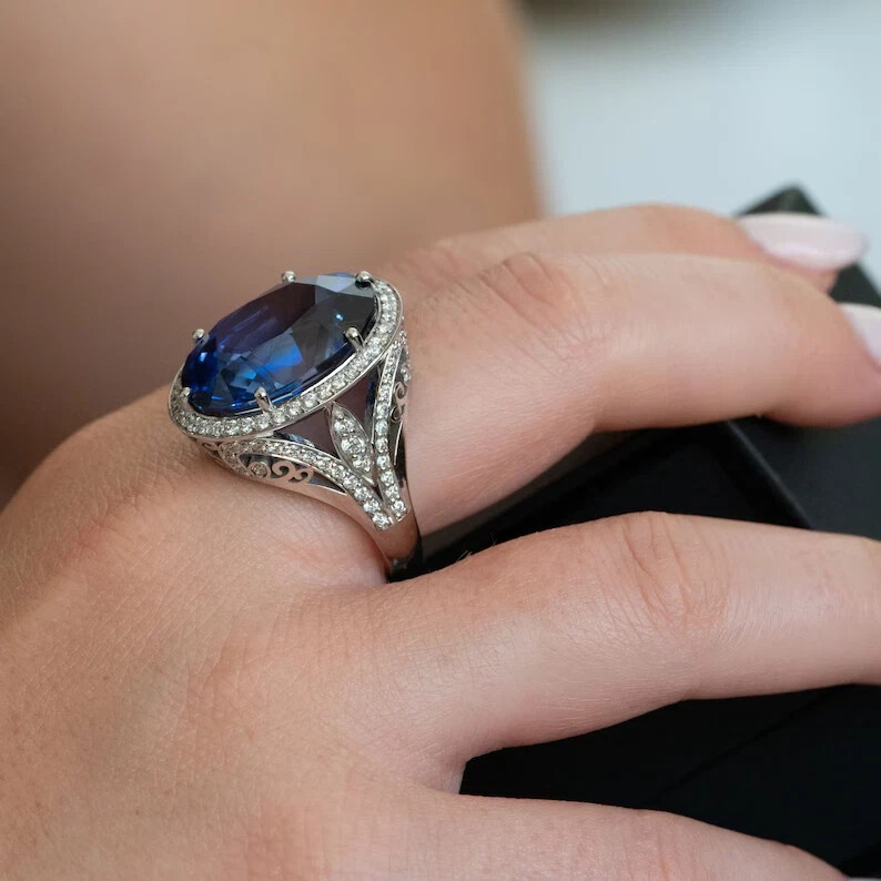 8.60 Ct Natural Sapphire Diamond Engagement Awesome Ring 14K Solid White Gold