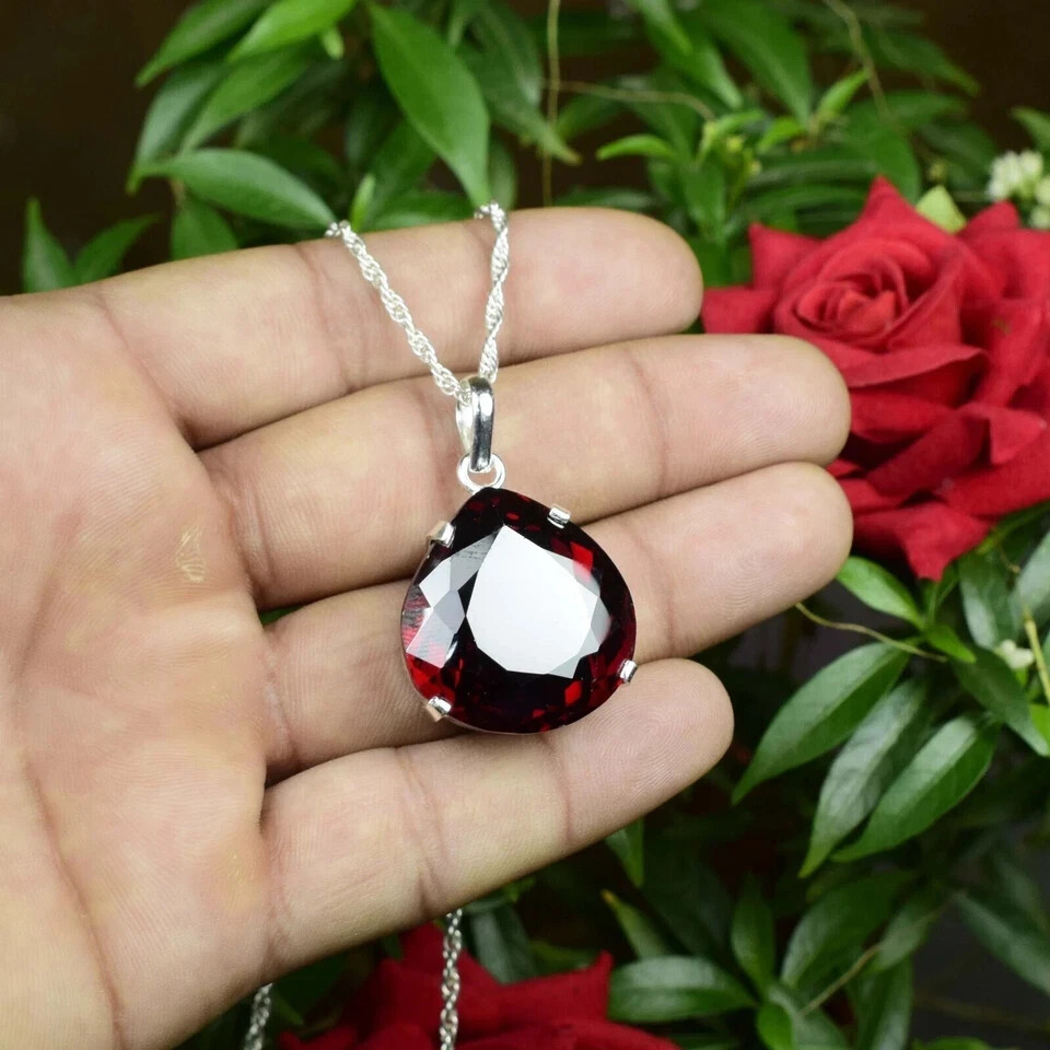 75 Ct Natural Red Zircon Pendant 925 Sterling Silver Pear Cut Gemstone Jewelry