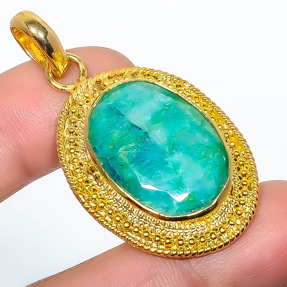 Emerald (Lab-Created) Gemstone 925 Silver Gold Plated Pendant 1.95″ P7622-171