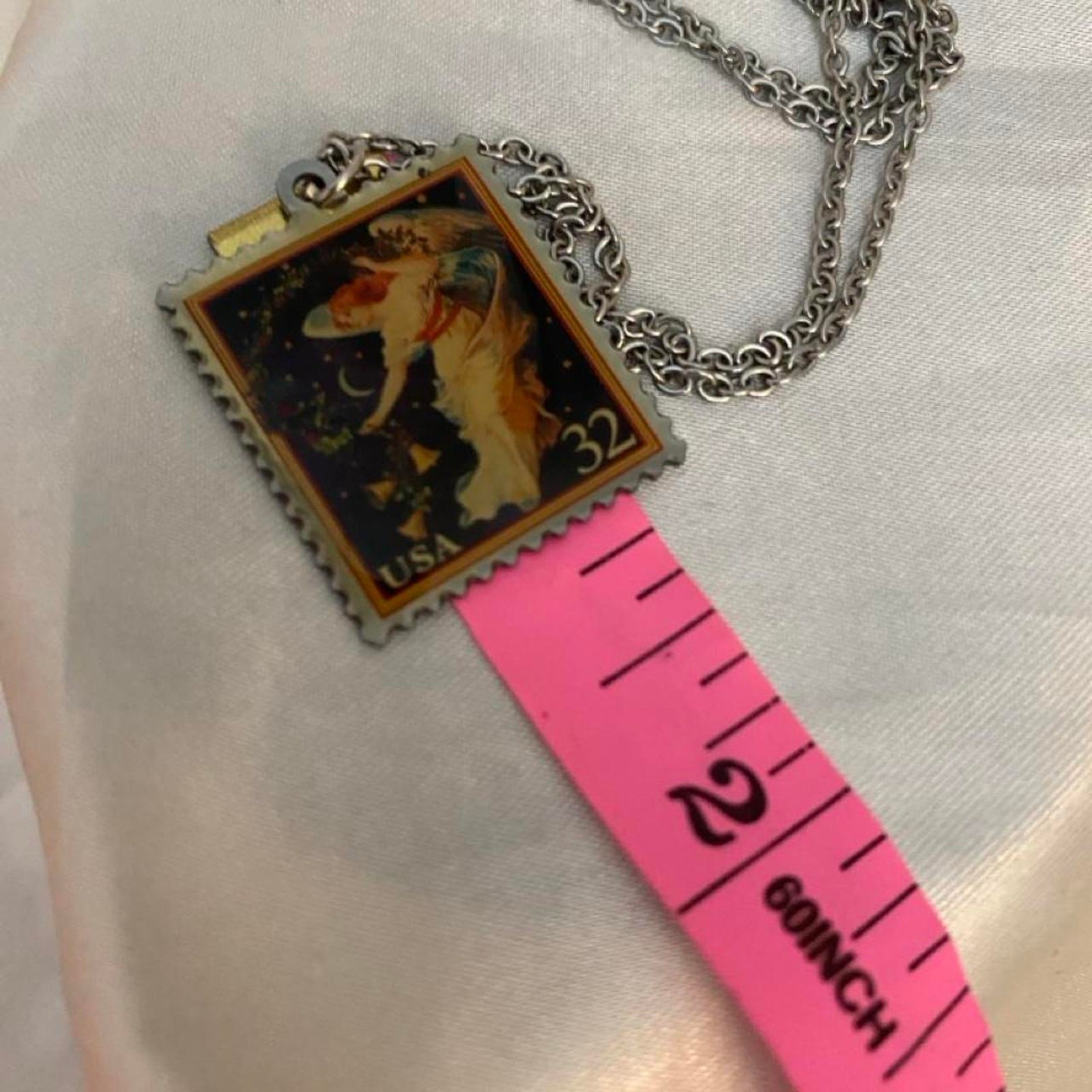 Vintage USPS Love Cherub Angel Stamp Pendant Necklace 32¢ Stainless Steel Chain