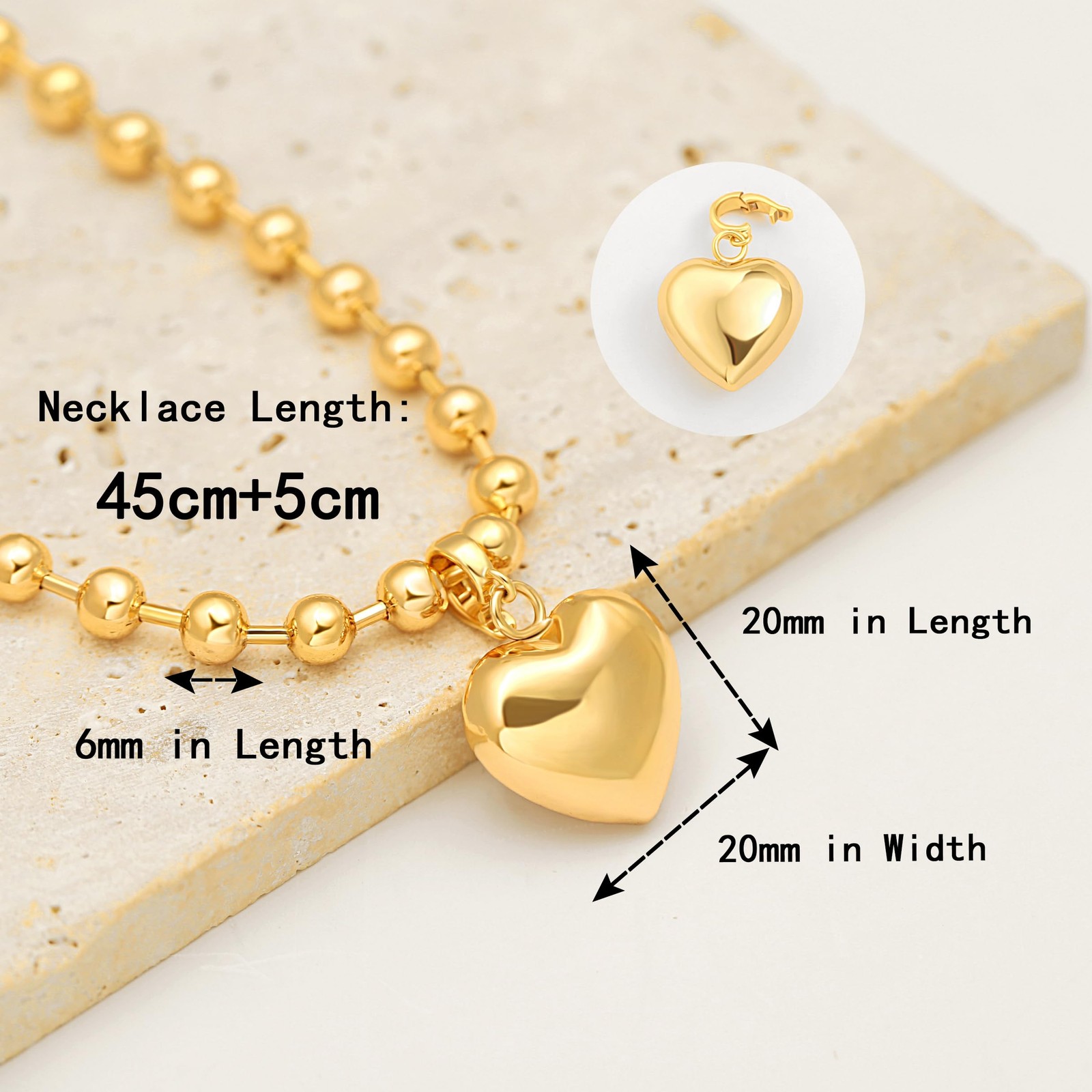 18K Gold Plated Pendant Necklace Puffy Heart Pendant Necklace Chunky Satellit…