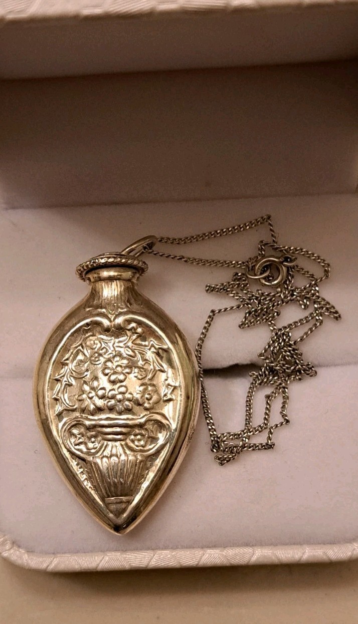 Antique Sterling Silver Perfume Bottle Necklace Floral Motif with Silver Chain