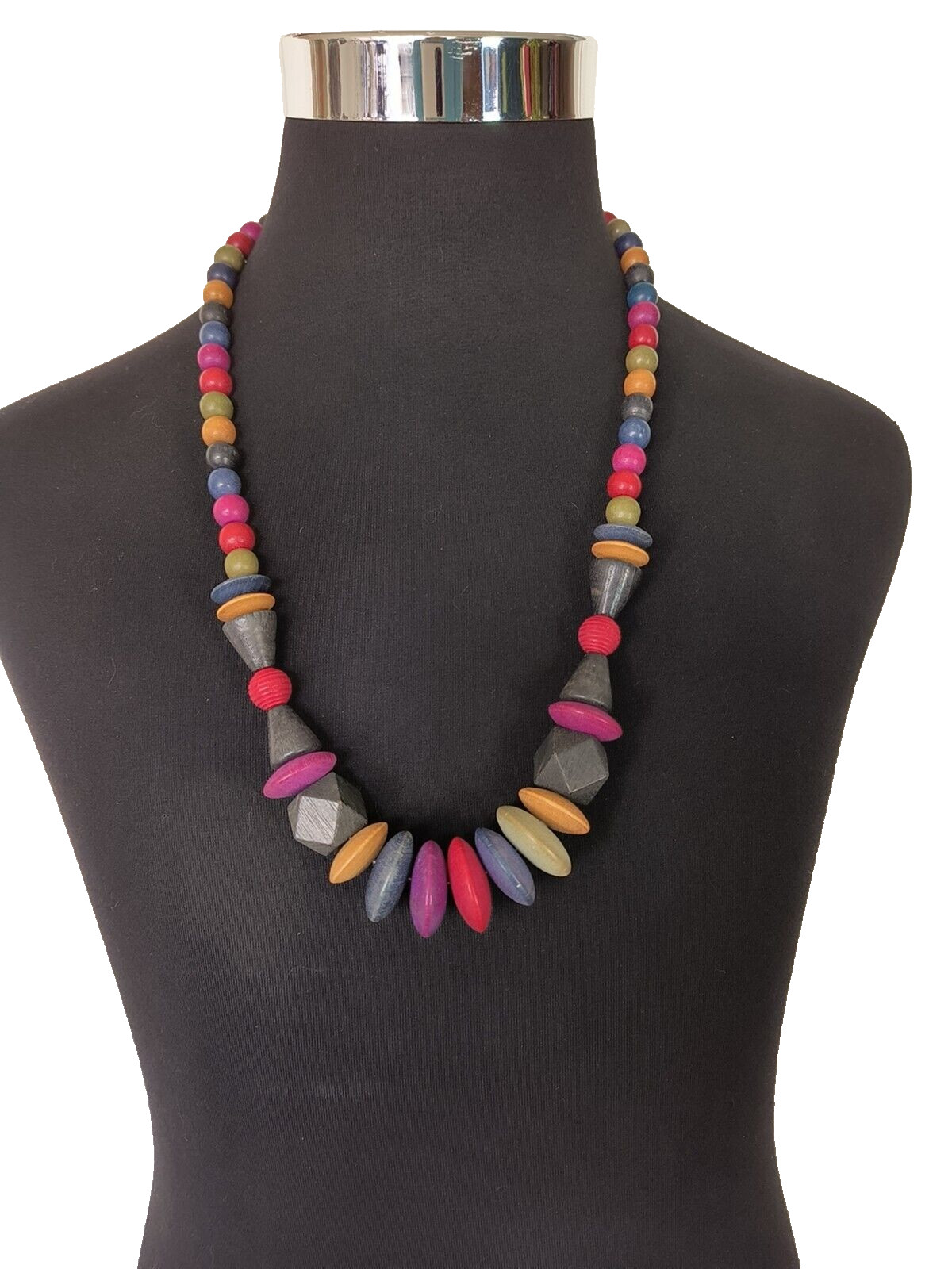 Women’s Statement Necklace Multicolor Wooden Beads Assorted Sizes 15 in drop