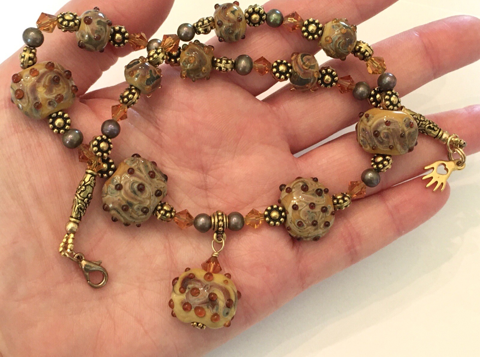 Designer Lampwork Art Glass Bead ~ Swarovski Crystal ~ FW Pearl ~ 18” Necklace