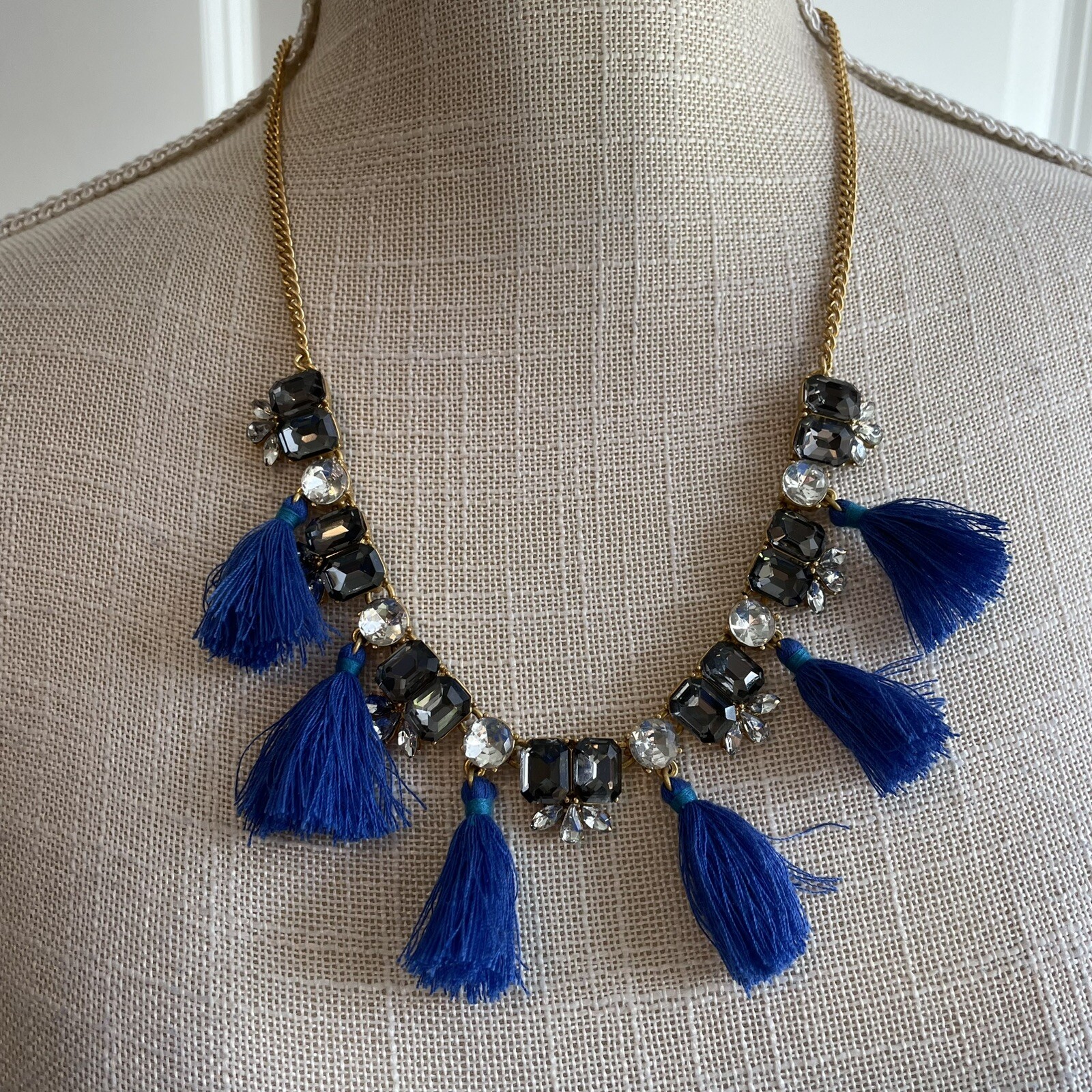 J Crew Blue Tassel Crystal Statement Necklace Gold Tone Mixed Gemstone Fringe