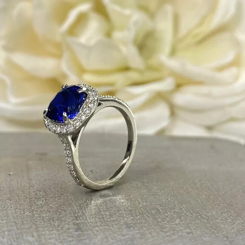 2.40 Ct Natural Blue Sapphire Diamond Engagement Ring 14K White Gold Size 8.5