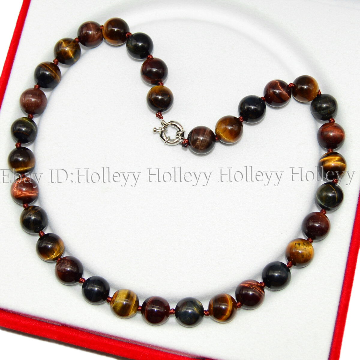 12mm Round Genuine Natural Multicolor Tiger’s Eye Gemstone Beaded Necklace 24”