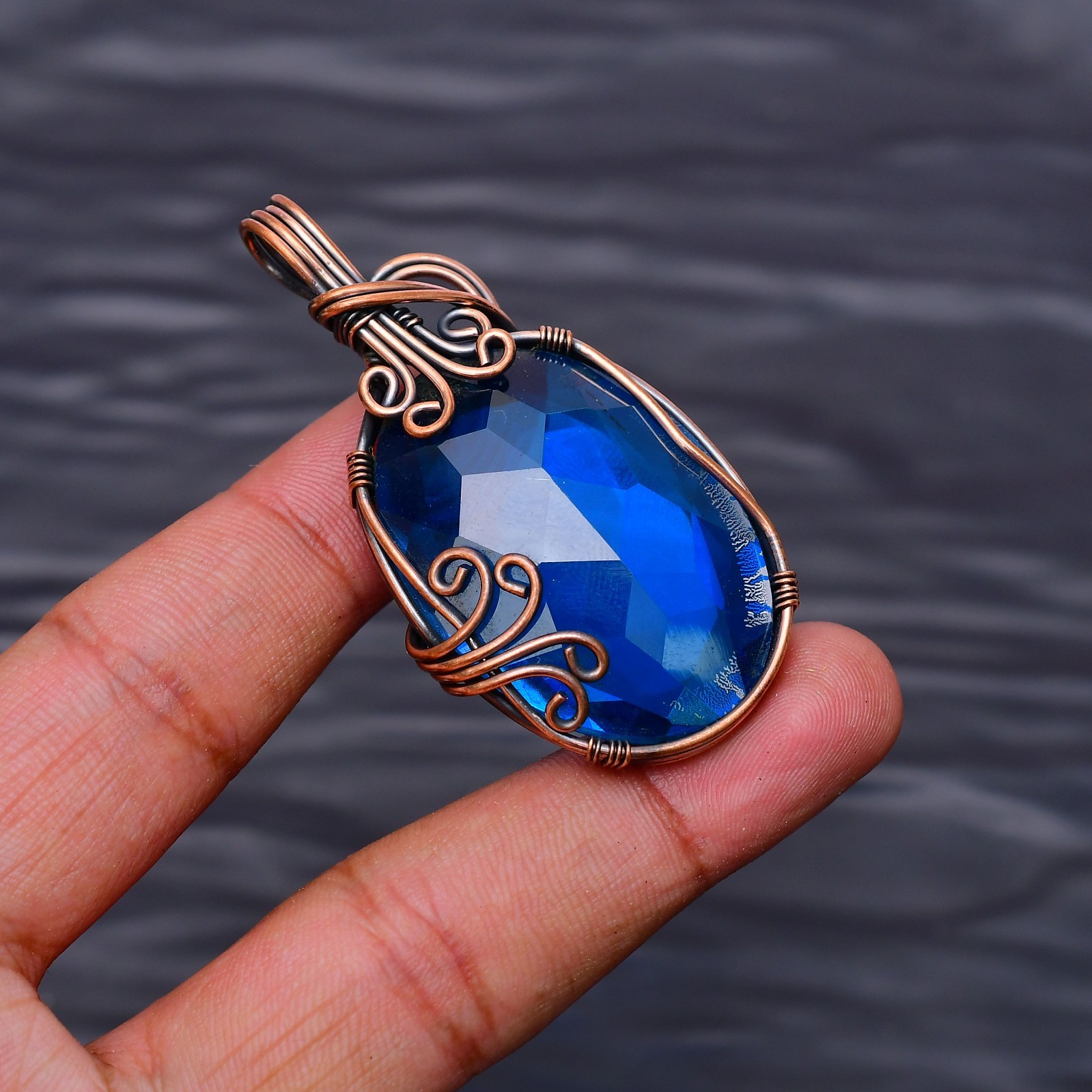 London Blue Topaz Gemstone Copper Wire Wrapped Handmade Jewelry Pendant 2.20″