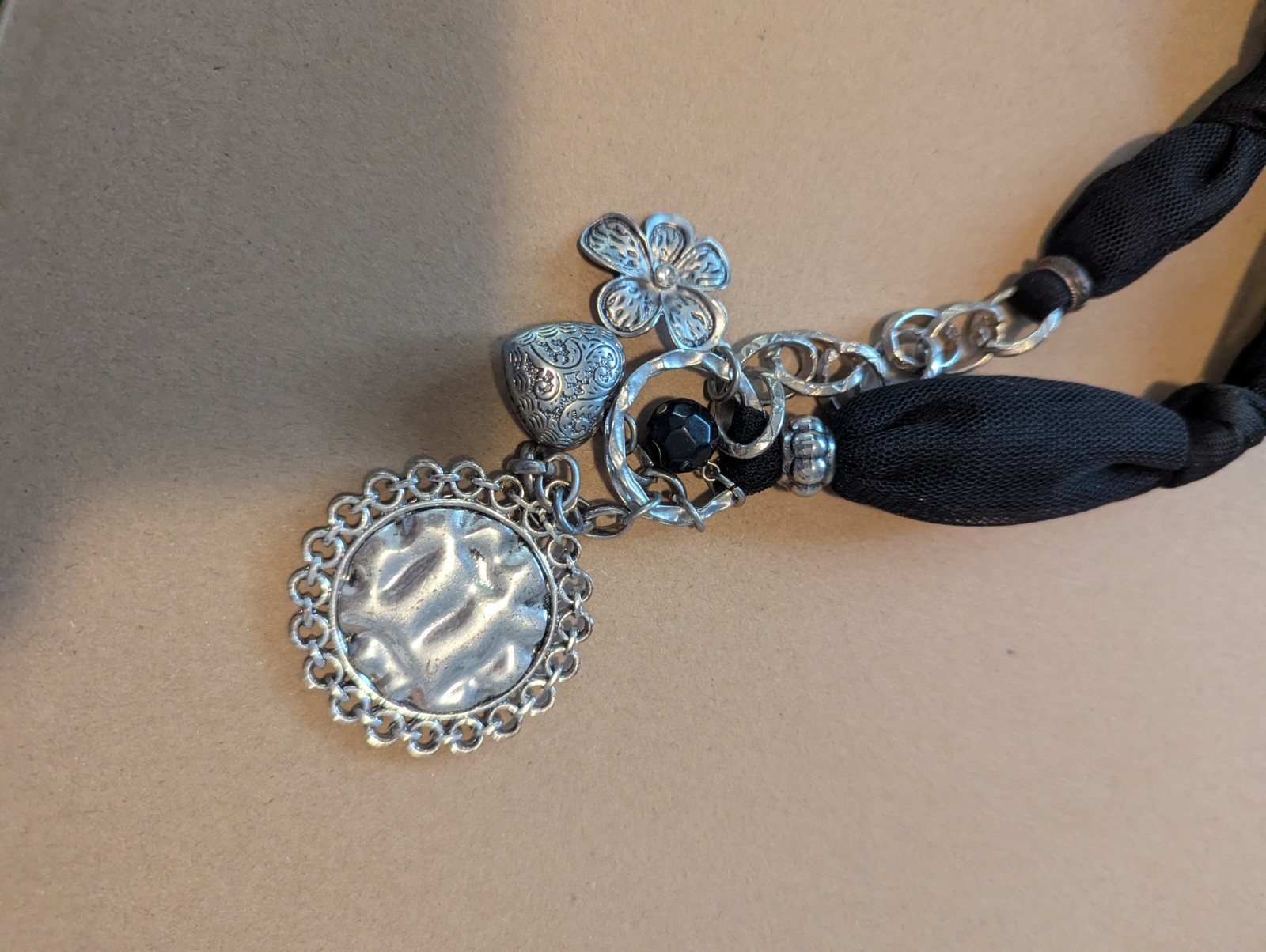 Black Fabric Cord & Silver-Tone Cable Chain Necklace, Round Charm Pendant