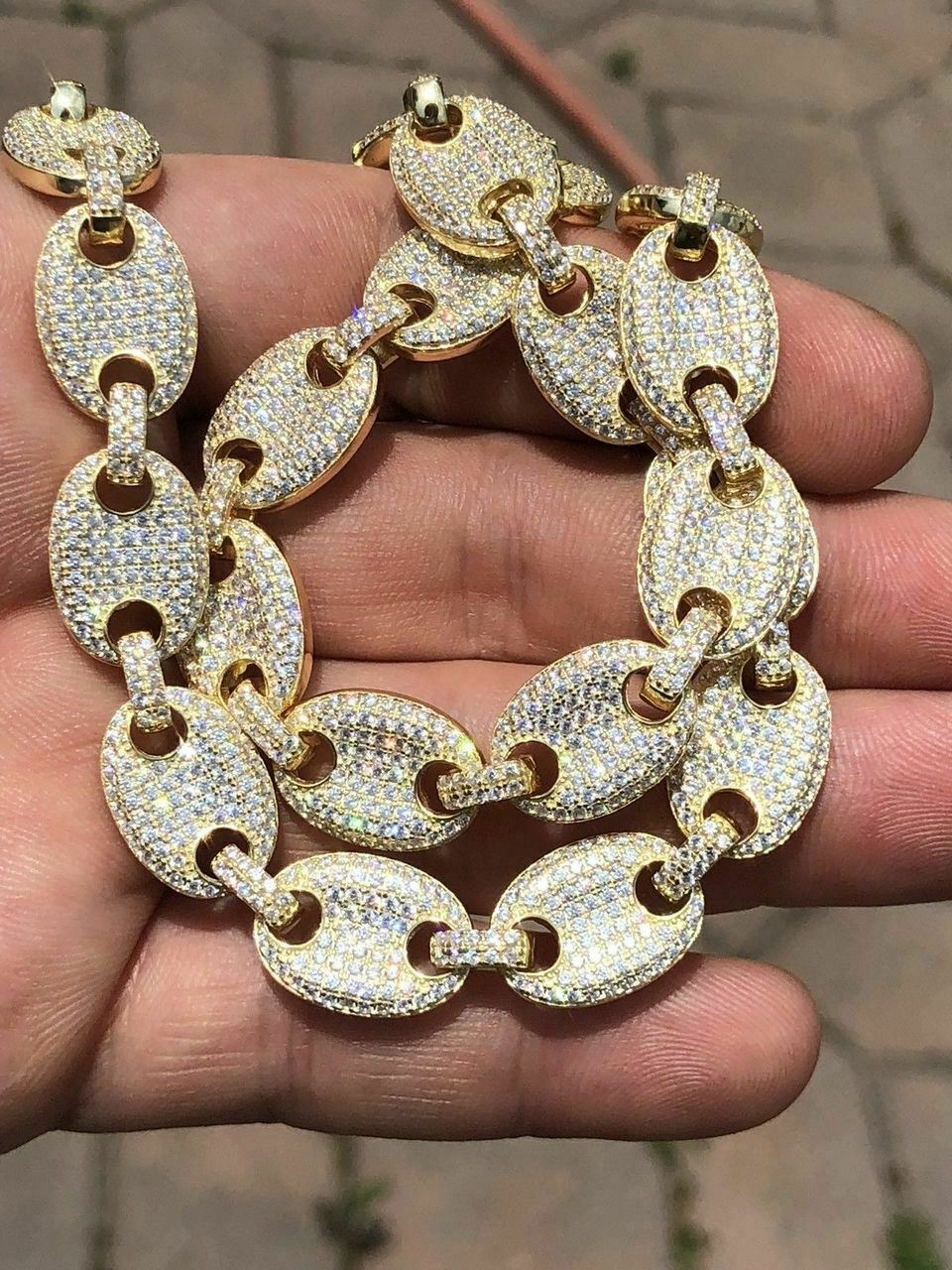 14k Gold Plated Over Solid 925 Sterling Silver Puffed Mariner Choker Chain CZ