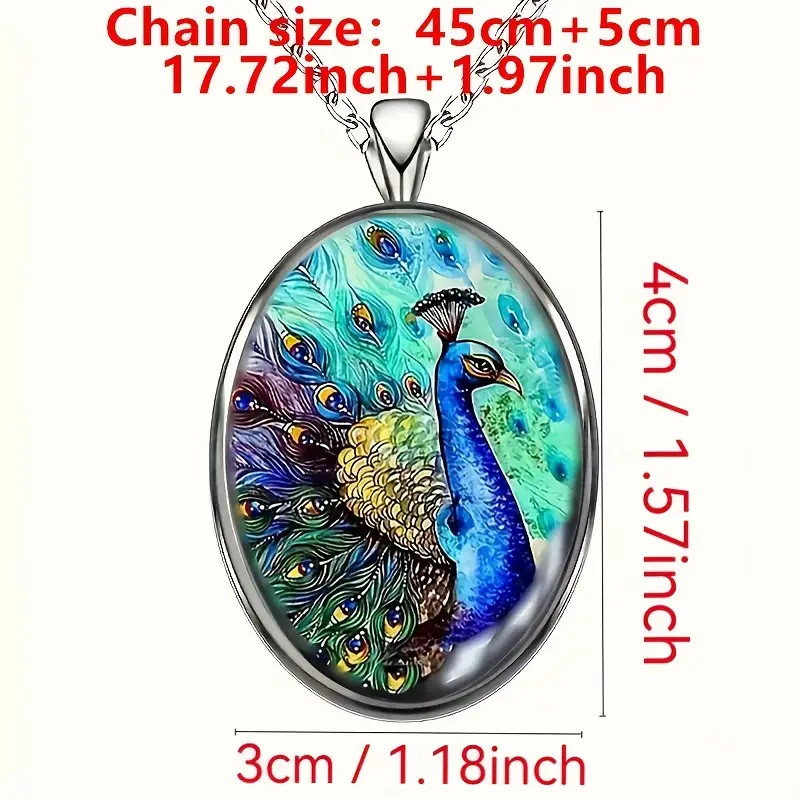 Peacock Beauty Oval Jewelry Vintage Silvery Gothic Bird Pendant Necklace