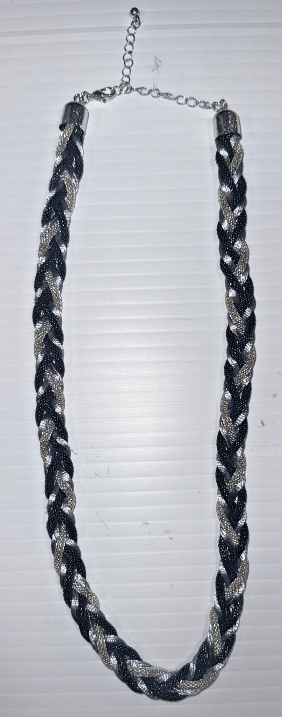 Braided Mesh Rope Necklaces Black & Silver Metal Clamp Round Satin Silk Material