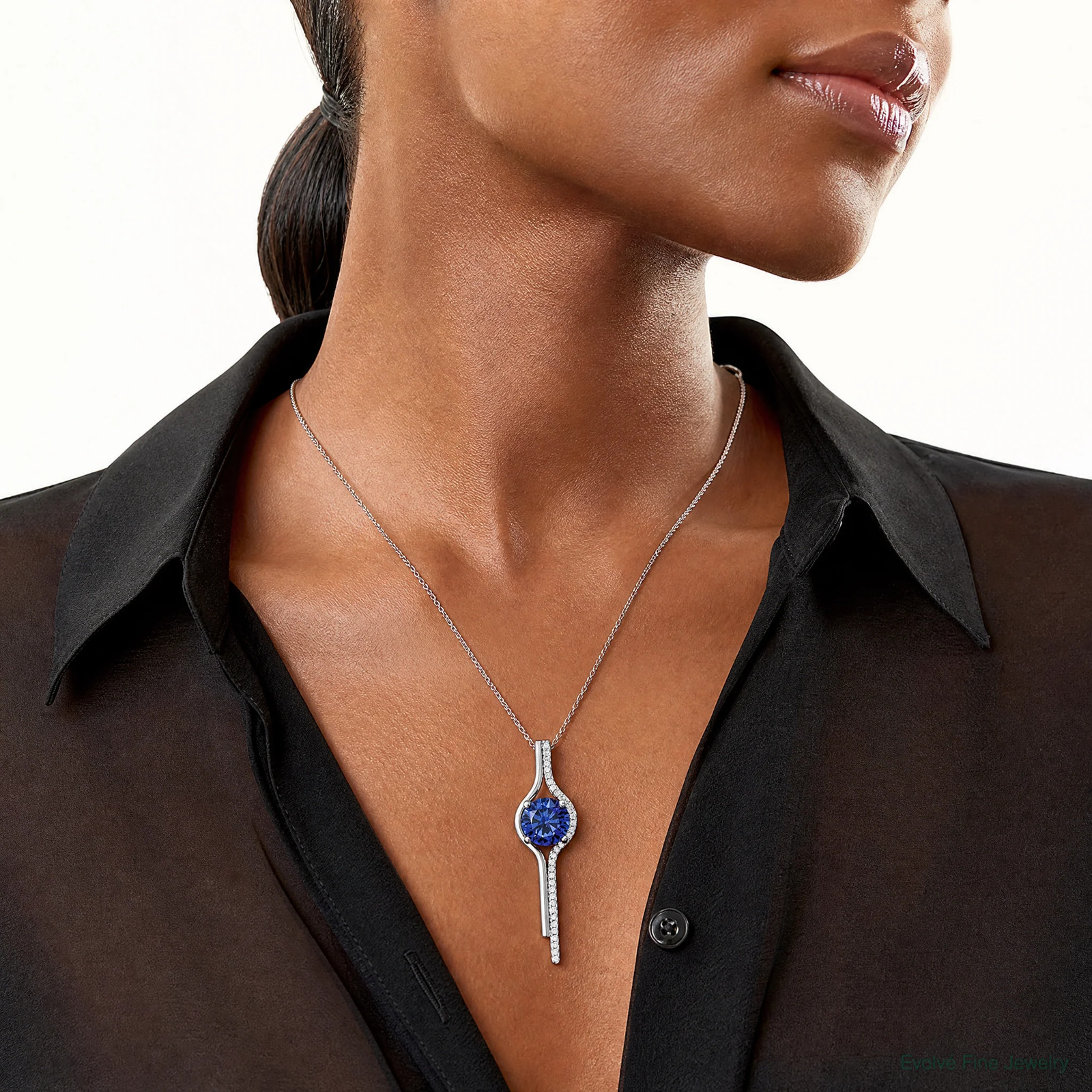 Sterling Silver Rhodium Plated Blue & White CZ Slide Pendant
