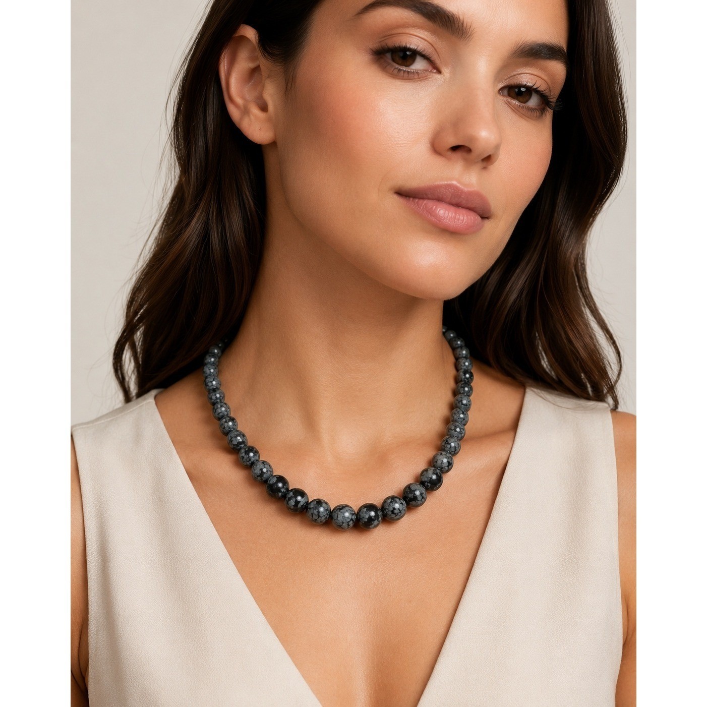 Snowflake Obsidian Beaded Necklace Black Grey Natural Stone 16 Inch Gold Clasp
