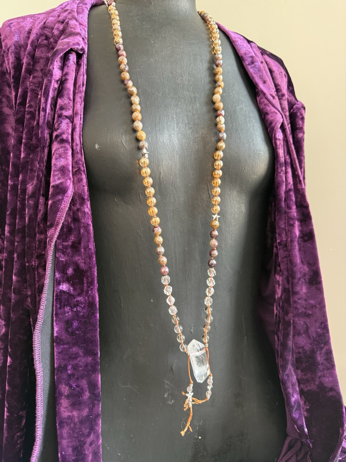 Clear quartz mookaite Jasper citrine Smokey quartz beaded mala necklace pendant