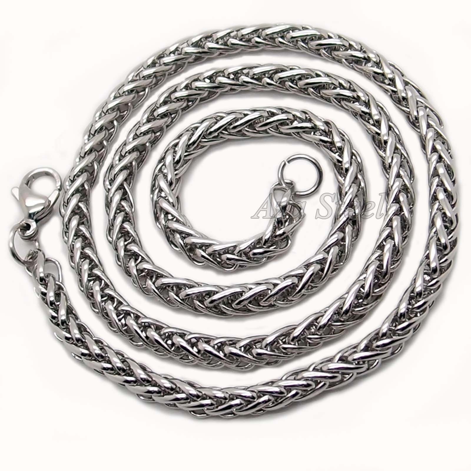 3/4/5MM 18-24″ MENS Silver Stainless Steel Wheat Braided Chain Necklace
