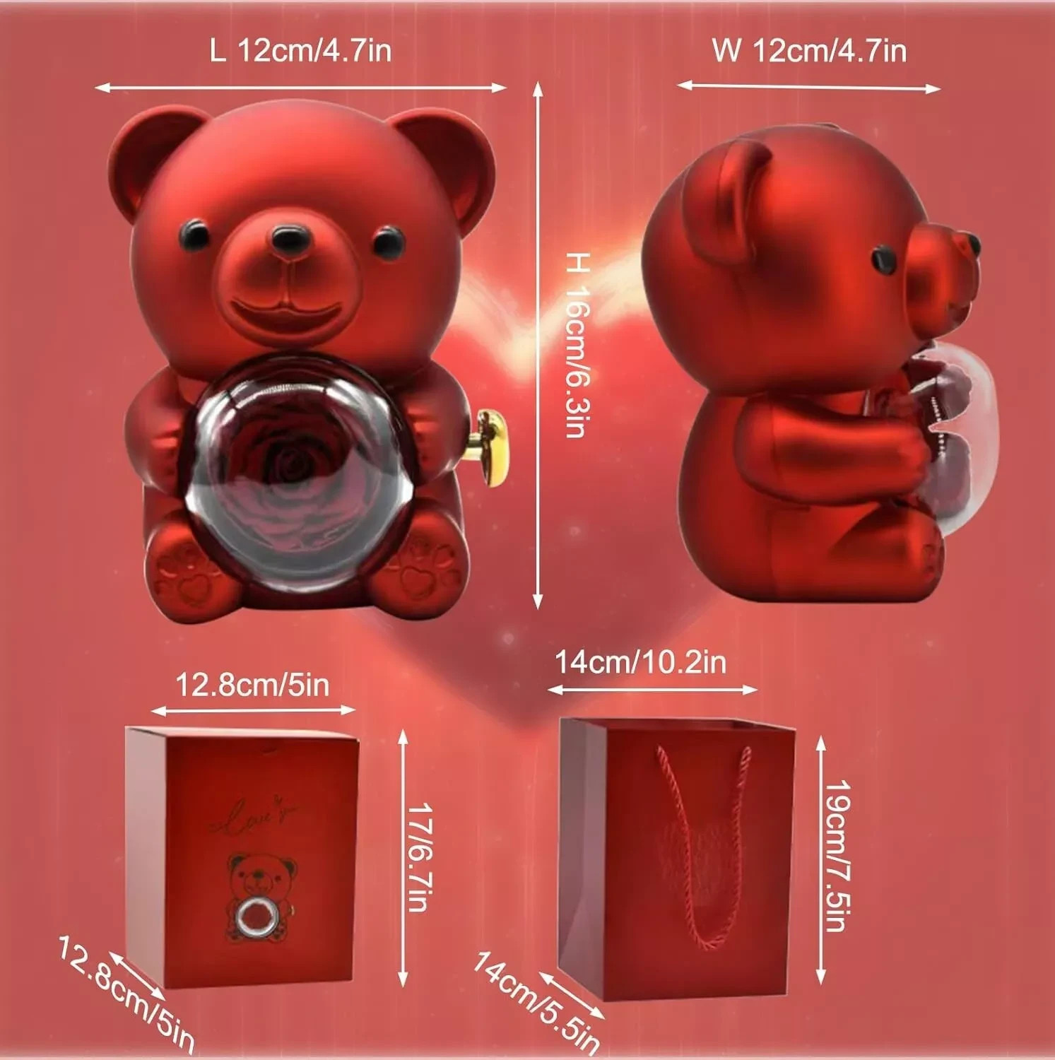 Romantic Hug Teddy Bear with Necklace, Preserved Red Rose, Gift Box for Women
