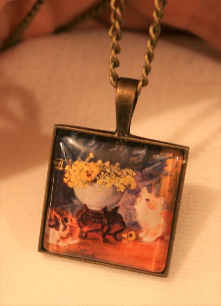 Delightful Two Kittens Cats Kitties Vase Of Pansies Brasstne Pendant Necklace