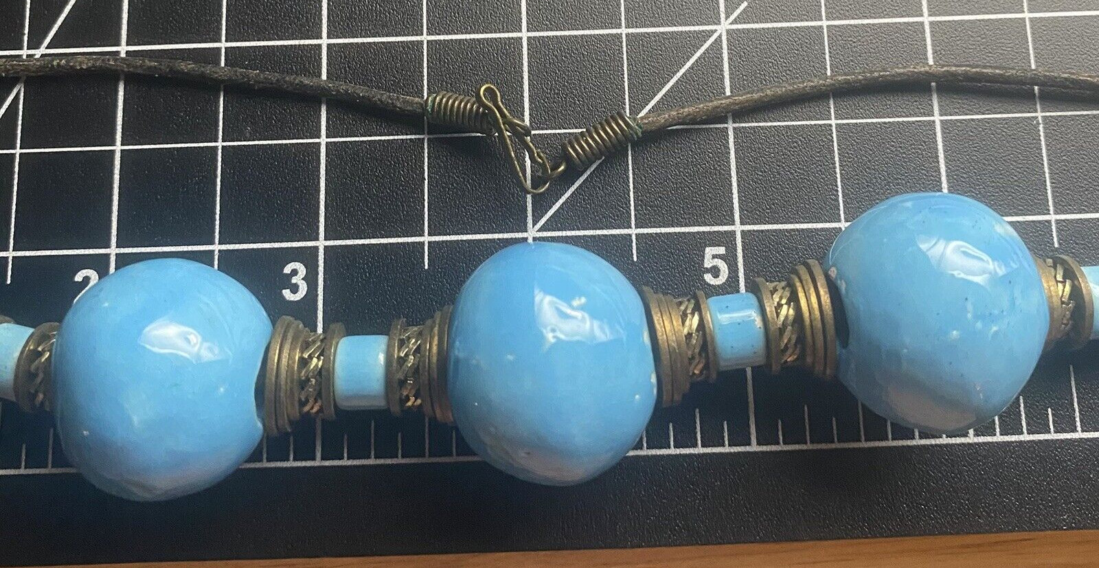 Chunky Necklace 18″ Choker Blue Turquoise Ceramic Beads Metal Disc Boho Western
