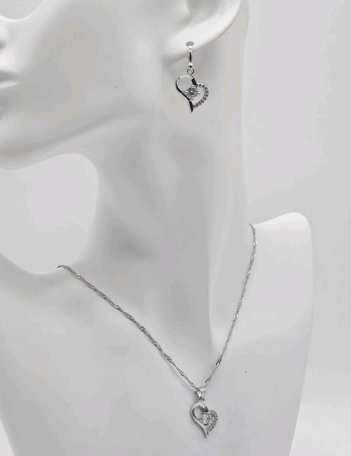 Silver Tone Crystal Heart Pendant Necklace Earrings – Womens Fashion Jewelry Set