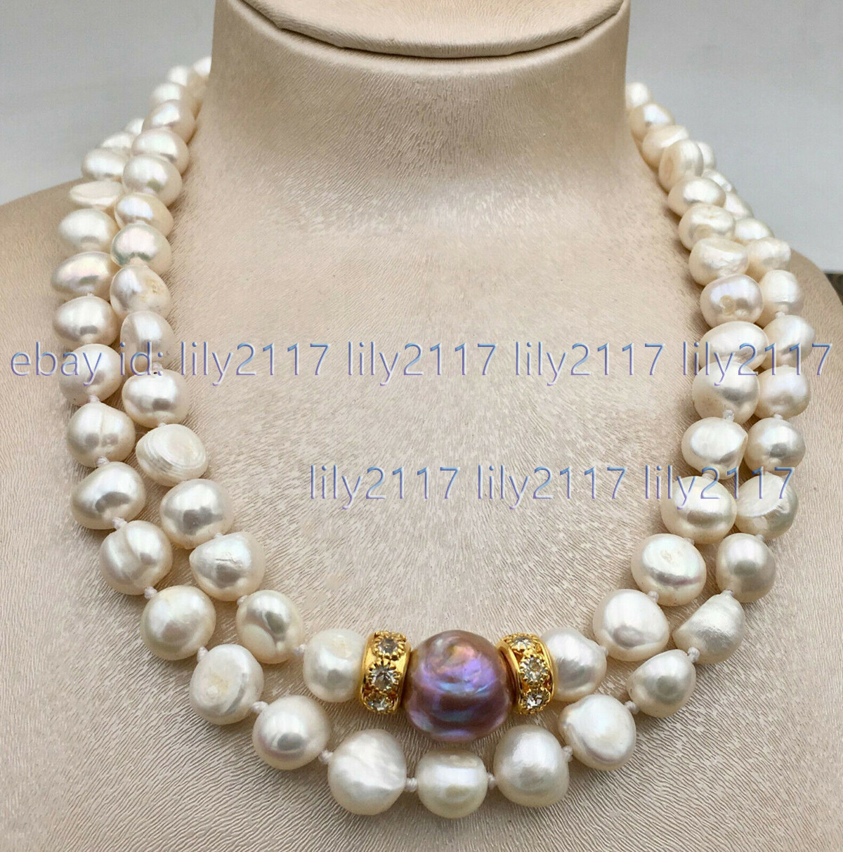 2Row Natural 9-10mm White South Sea Purple 15-16mm Baroque Pearl Necklace 17-18″
