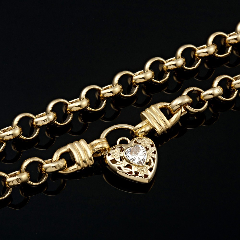 18KGL Thick Solid Rolo Yellow Gold Necklace Filigree Heart Padlock Crystal Clear