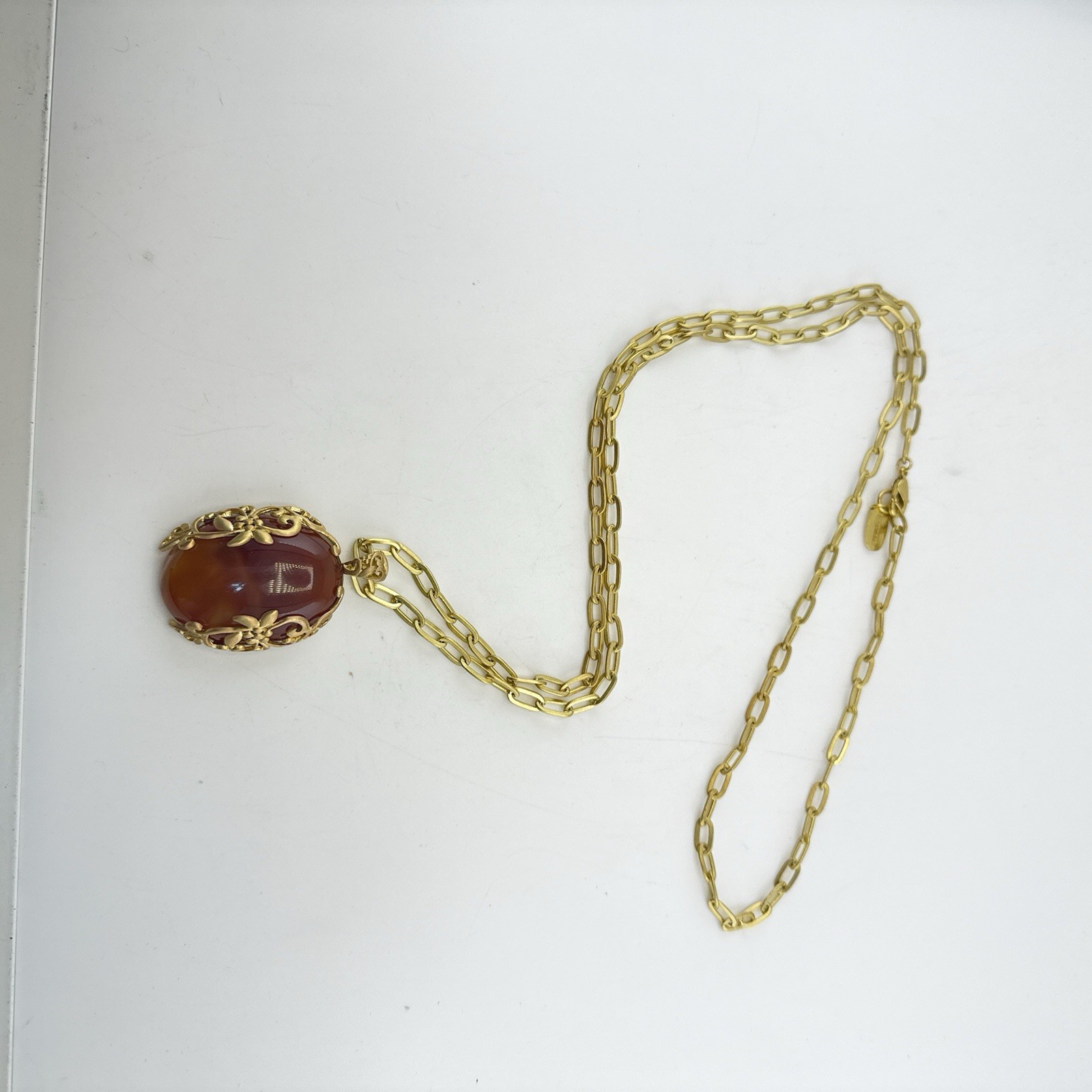 Sheila Fajl Necklace Floral Flower Faux Carnelian Gold Tone Brazil Chain Link