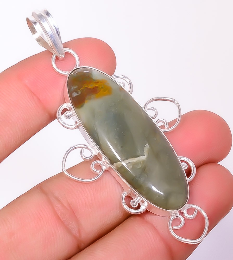 Natural Polychrome Jasper – Madagascar 925 Silver Plated Pendant 2.85″ T2753