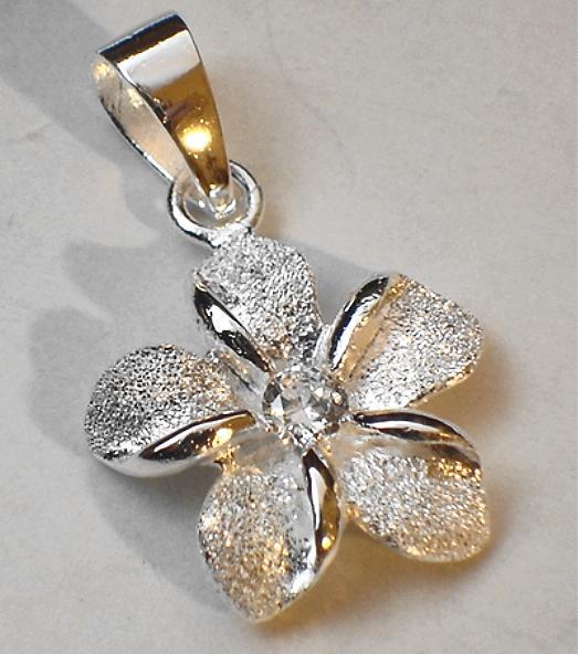 15mm Solid 925 STER Silver Hawaiian Sparkly DC Plumeria Flower Clear CZ Pendant