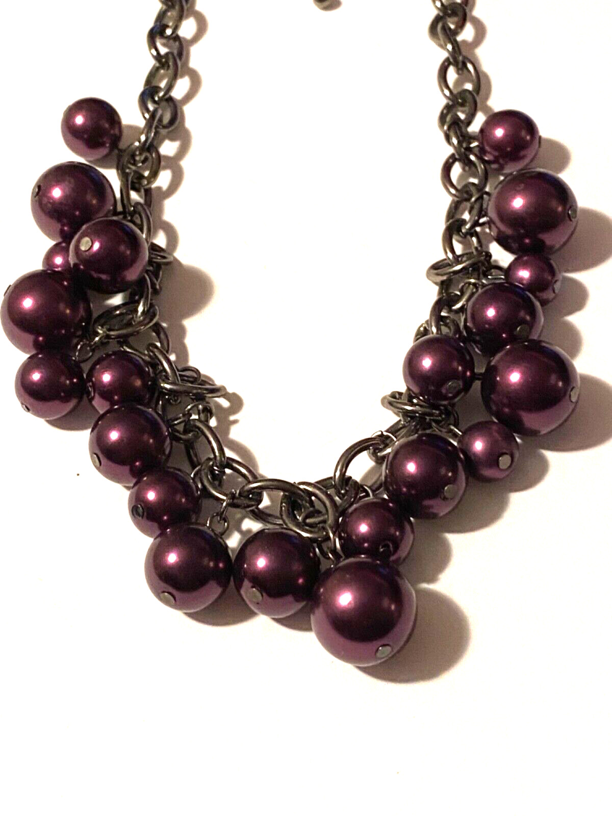 Shiny Blackened Silver Tone Chain Purple Beads 14 Inch
