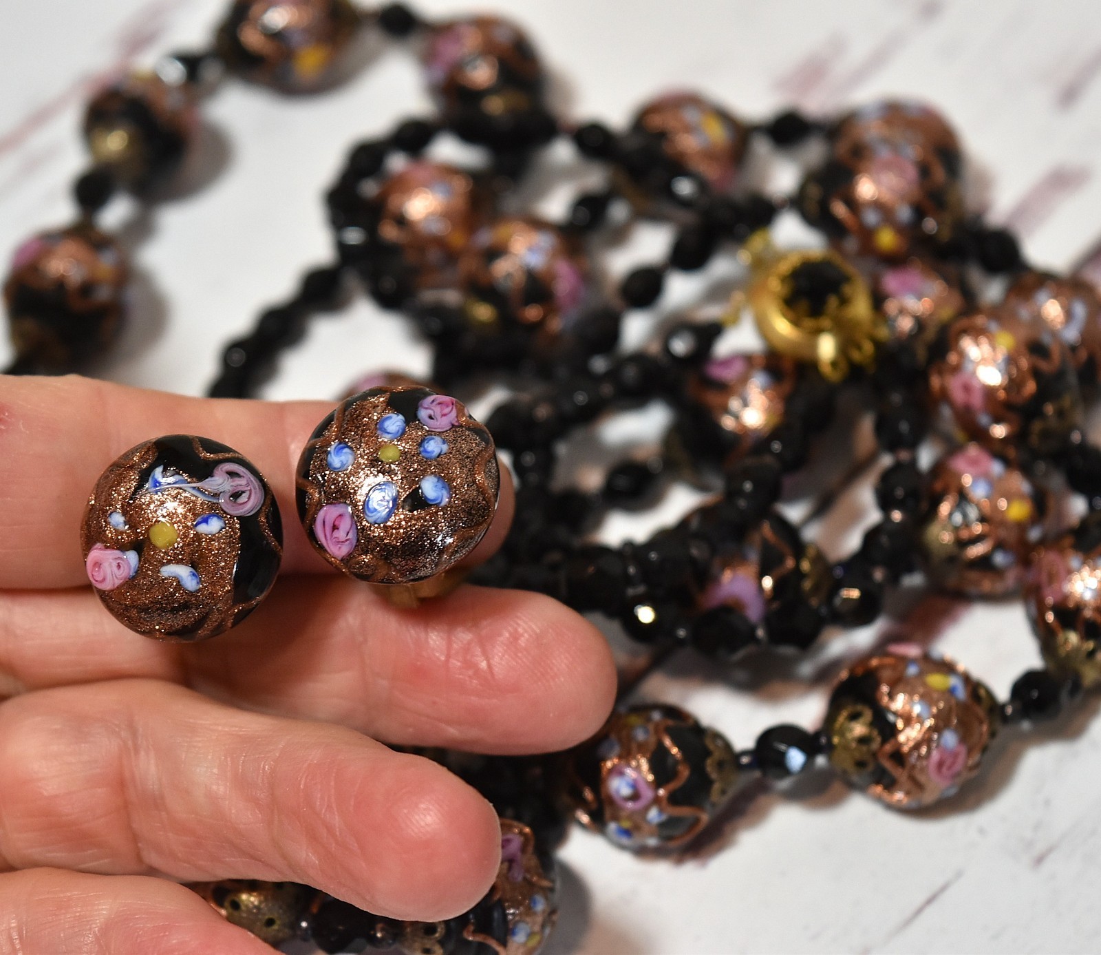 Vtg 2 Strand Venetian Murano Black Wedding Cake Glass Beaded Necklace Earrings