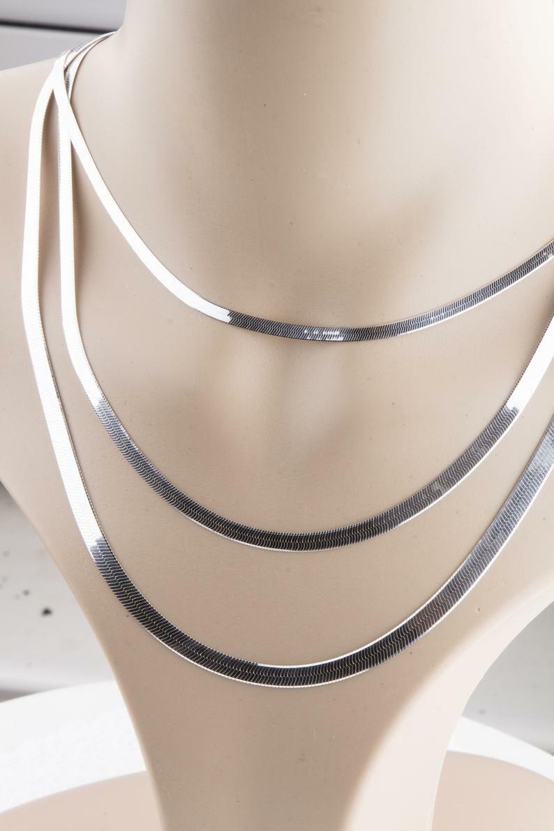 18K White Gold Filled Hypo-Allergenic 2mm/3/4/5mm Herringbone Chain Necklace B14
